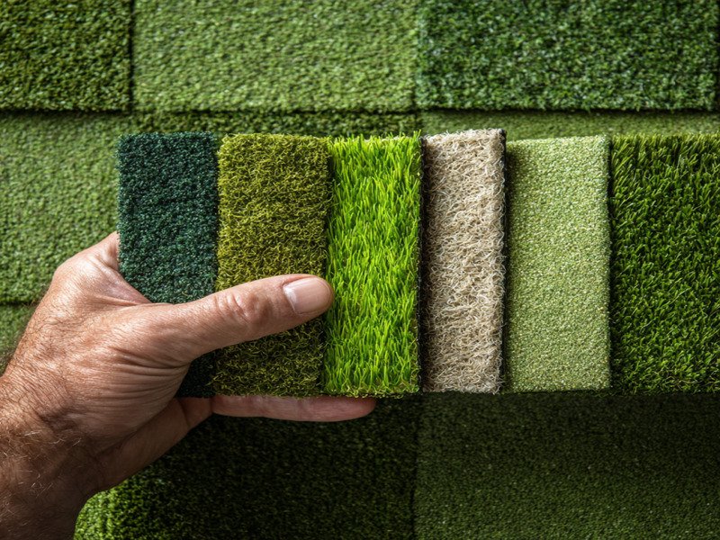 A person's hand comparing several small samples of artificial turf with different textures and green shades